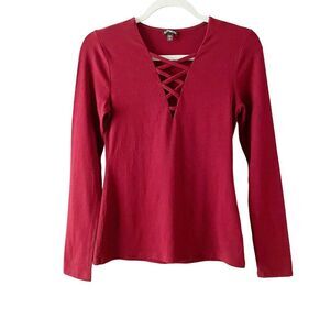 Express Burgundy Crossed Lace V Neck Long Sleeve Top S